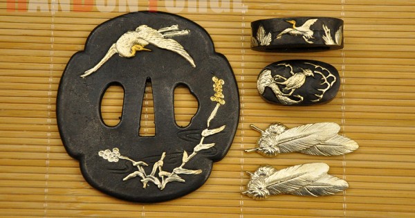 Japanese Samurai Sword Crane Theme Brass Tsuba Fittings